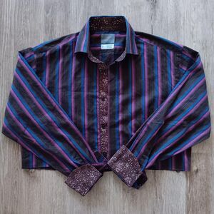 Thomas Dean Upcycled Womens L stripe Crop button front top long sleeve whimsy